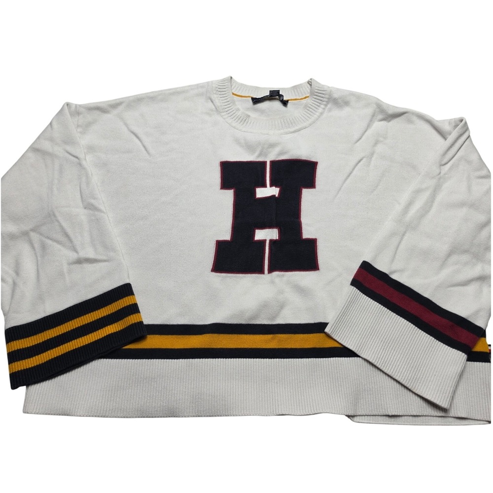 Tommy Hilfiger Womens M White Varsity H Logo Striped Cropped‎ Cotton Sweater